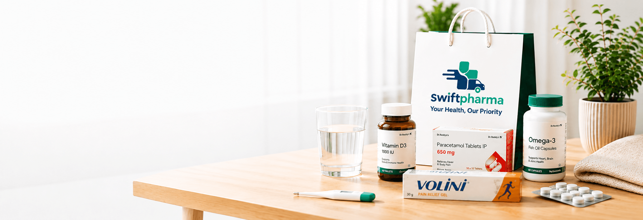 SwiftPharma delivery bag with Vitamin D3, Paracetamol, Omega-3, and Volini pain relief gel on a wooden table